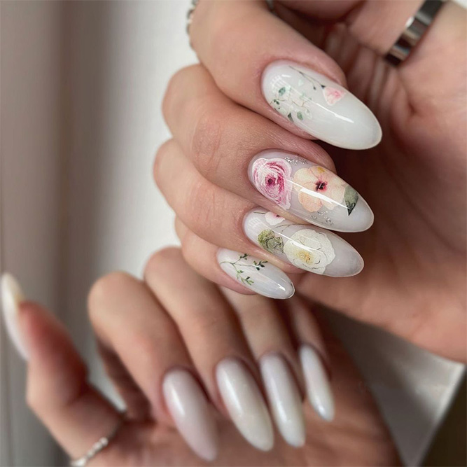 Milky White Floral Nails