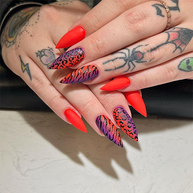 Red Stiletto Nails with Animal Print