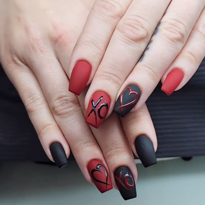 Black and Red Heart Nails Design