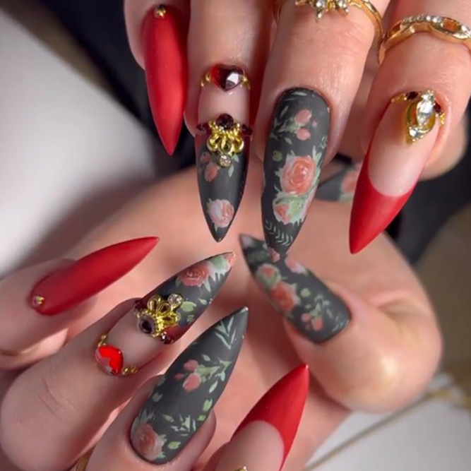 Roses Design on Black and Red Nails