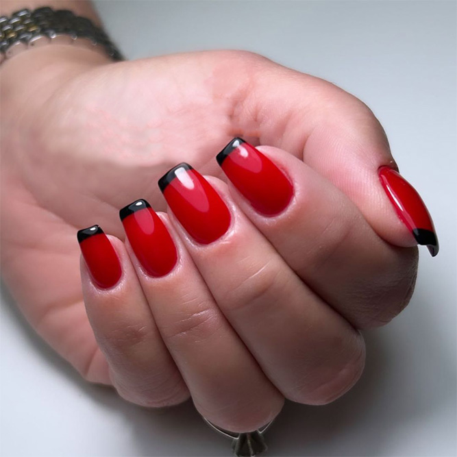 Black French Manicure on Red Nails