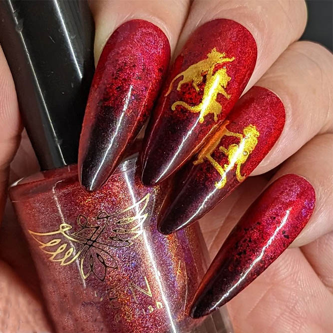 Gold Cats on Red Nails
