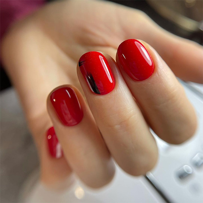 Short Red Nails with Black Accent