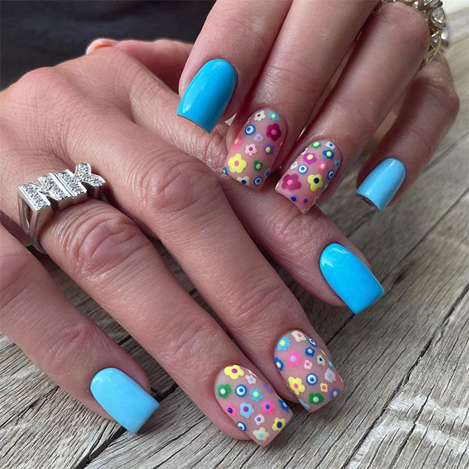 Blue Spring Nails with Flowers