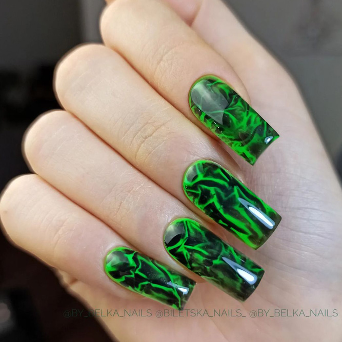 Green Marble Square Nails Designs