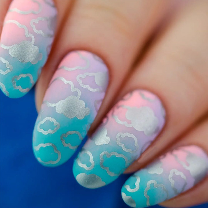 Blue and White Clouds Summer Manicure