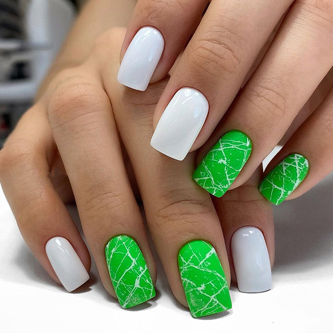 Green Summer Nails with White Stripes