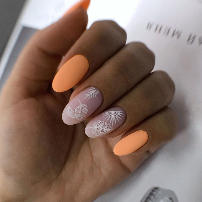 Orange Nails with White Palm Leaves