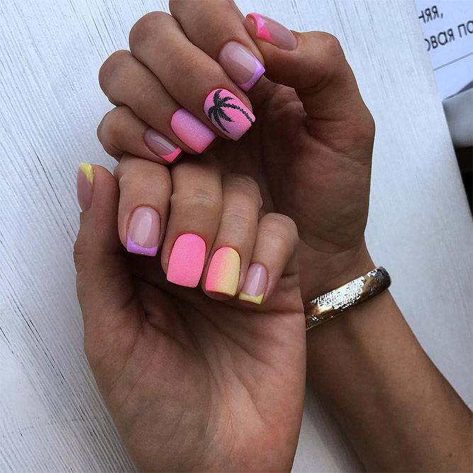 Black Palm Design on Pink Nails