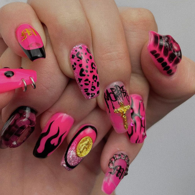 Animal Print Pink Acrylic Nails Designs