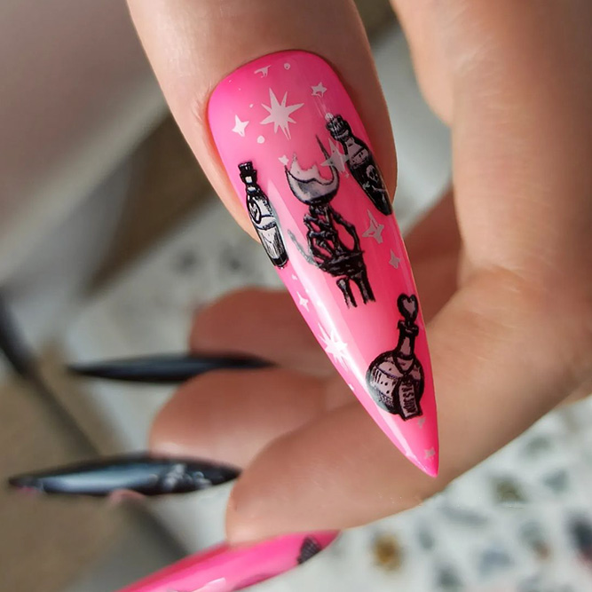 Black Stamping on Pink Nails