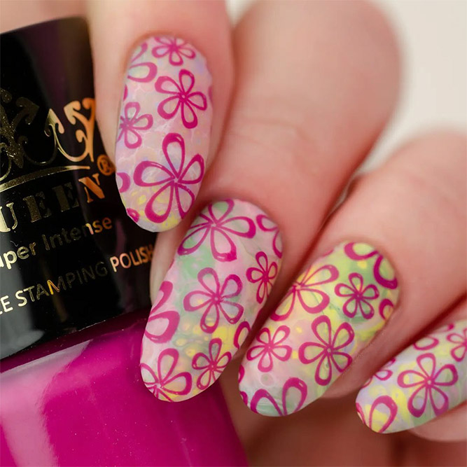 Oval Nails with Pink Flowers