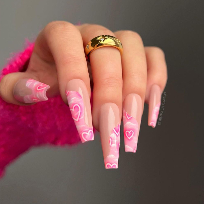 Hearts Pink Acrylic Nails