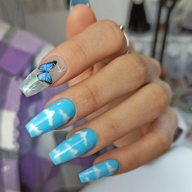 Blue Nails Design with Butterfly