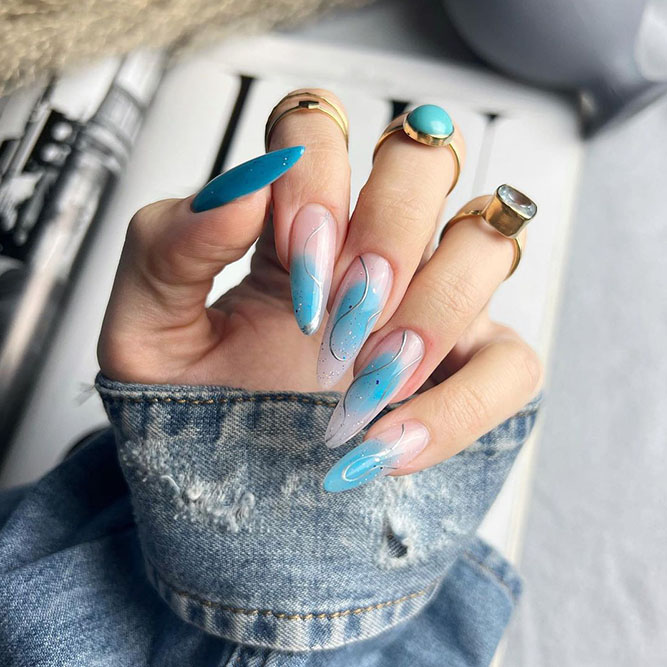 Light Blue Nails with Silver Stripes