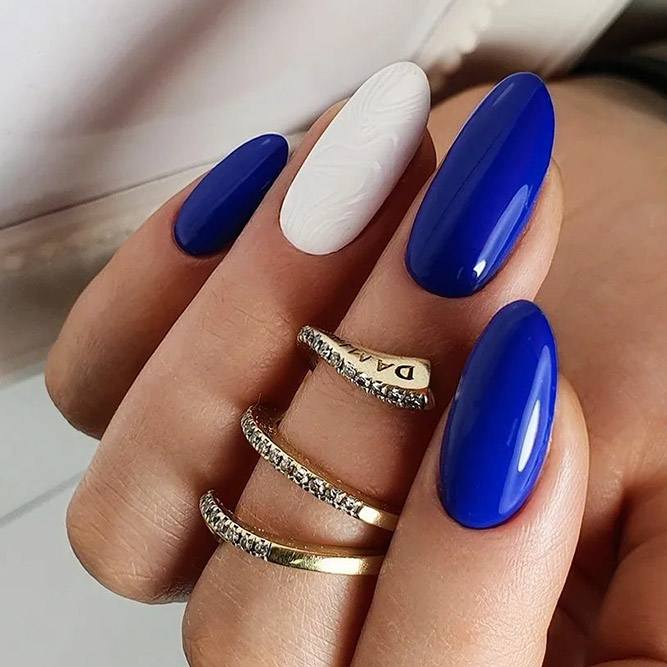 Blue and White Oval Nails