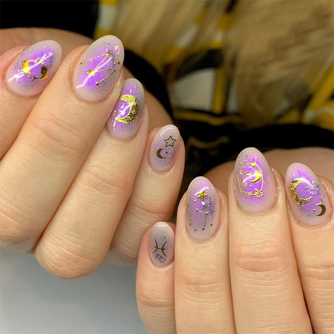 Violet Ombre Nails with Gold Decals