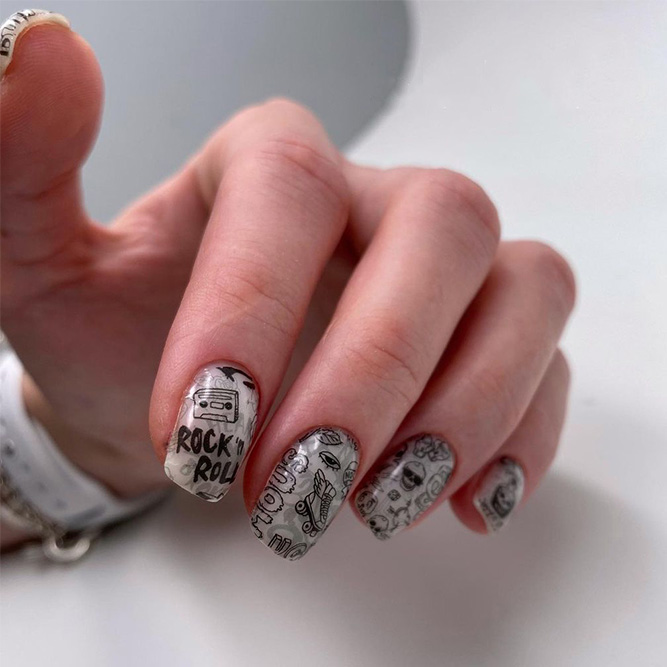 Milky White Nails with Letters Design