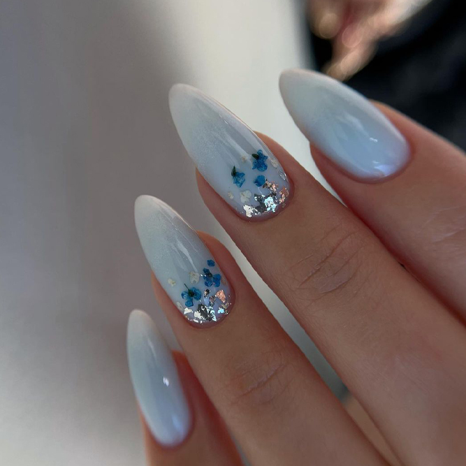 Baby Blue Nails With Dry Flowers