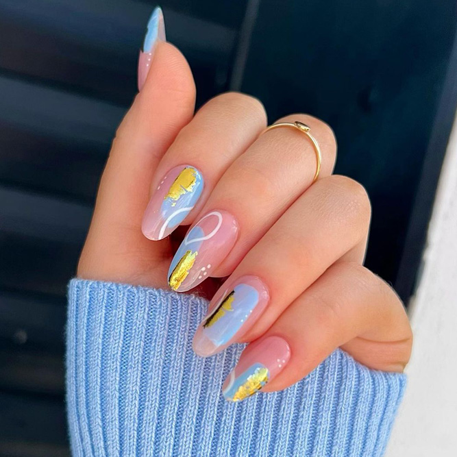 Light Blue Nails With Silver or Gold