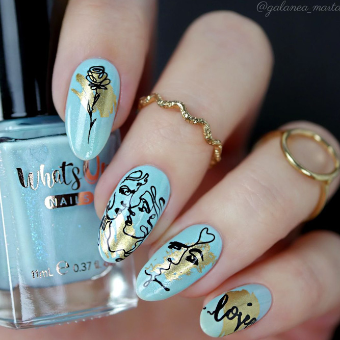 Light Blue Nails With Silver/Gold Accent
