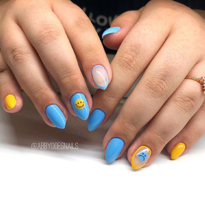 Yellow Mix Baby Blue Nails