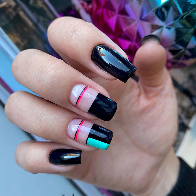 Black Geometric Nails Design with Negative Space