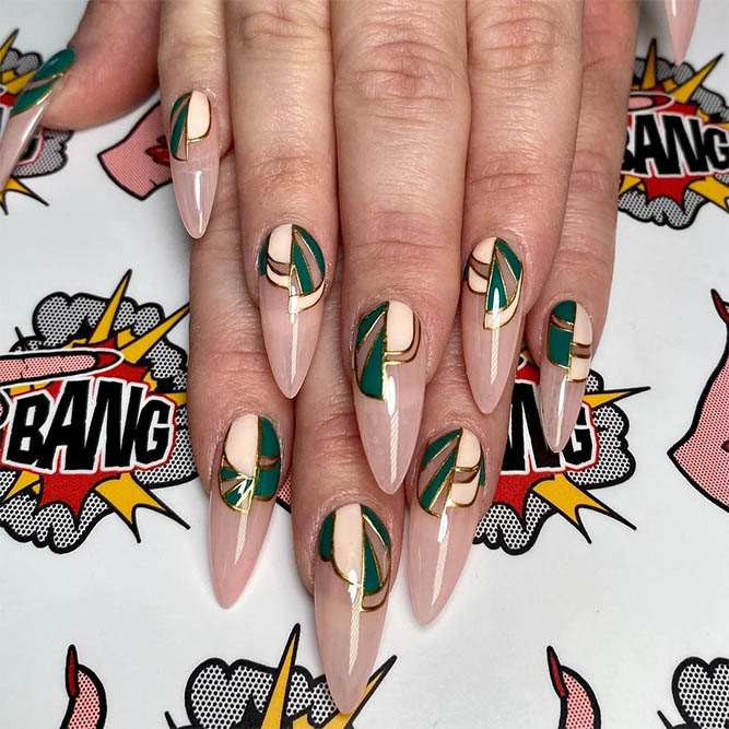 Green and Nude Graphic Nails Design