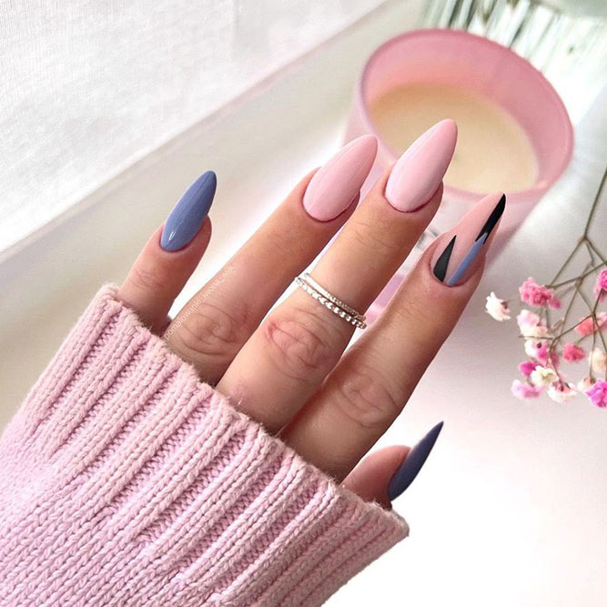 Almond Light Pink Nails with Blue Accent