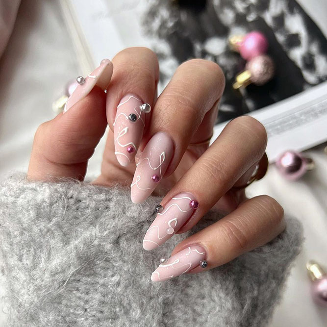 Nude Pink Almond Nails with White Stripes