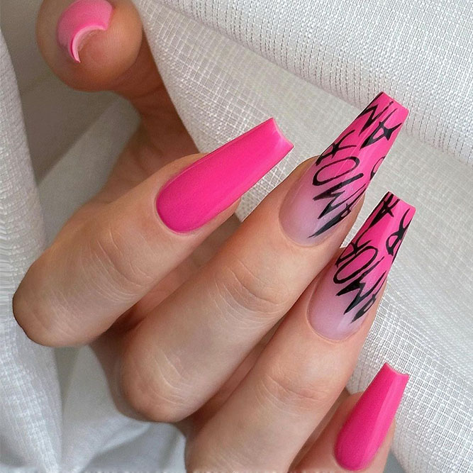 Long Coffin Pink Nails with Letters