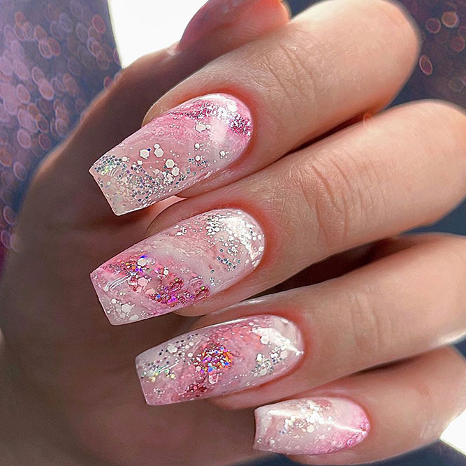Marble Pink Nails with Glitter