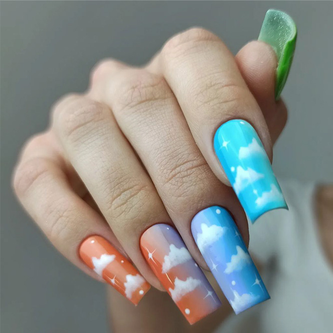 Rainbow and Clouds Nails Design