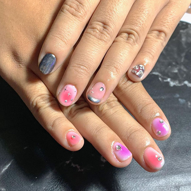 Colorful Ombre Nails with Rhinestones