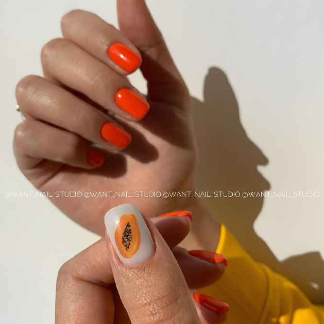 Neon Orange Nails with Fruits