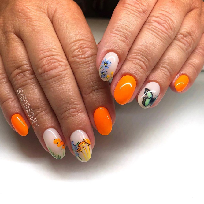 Flowers on Orange Nails