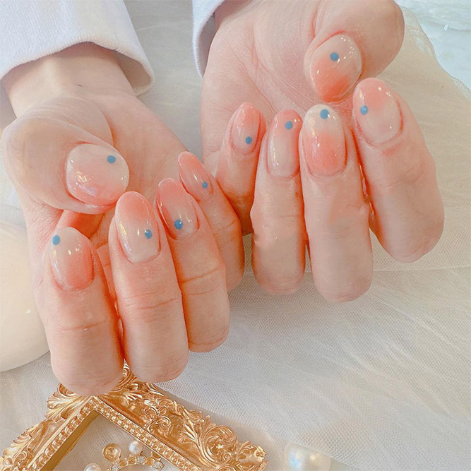 Blue Dots on Peach Nails