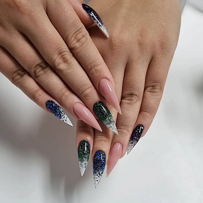 Blue and Green Stiletto Nails with Glitters