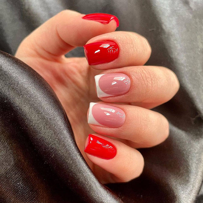 Red Nails Combined with Nude French Manicure