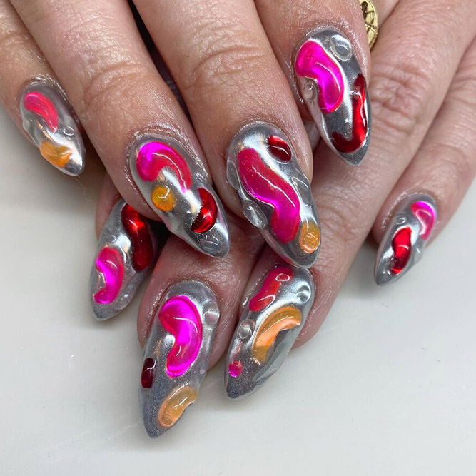 Grey Nails with Abstract Colorful Design