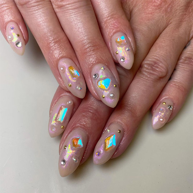 Nude Nails with Colorful Rhinestones