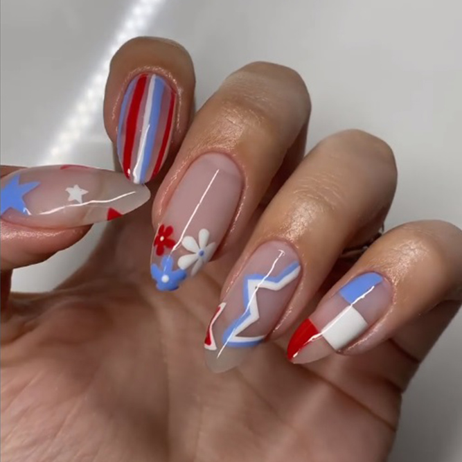 4th of July Long Clear Nails