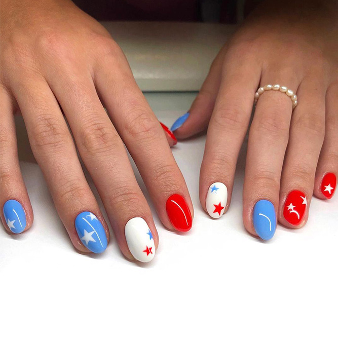 Short Nails with Red and Blue Stars