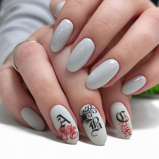 Matte and Glossy Grey Nails with Print
