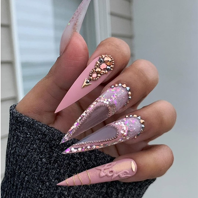 Pink and Grey Nails with Rhinestones