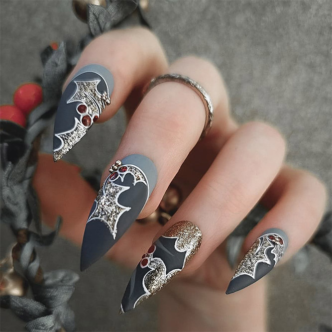 Gray Nails with Rhinestones