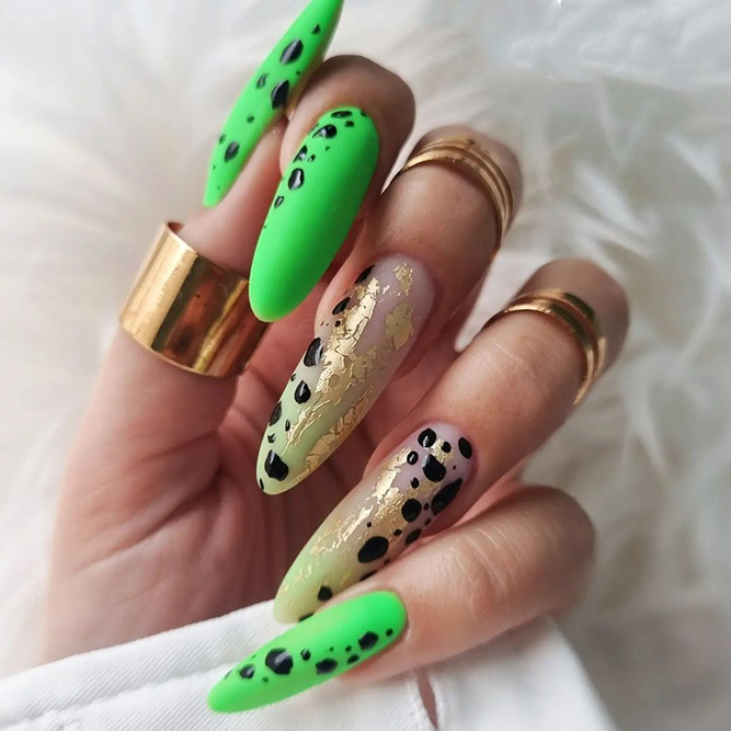 Green and Gold Tropical Nails with Black Print