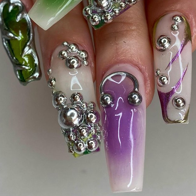 Green and Purple Freestyle Coffin Nails