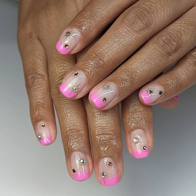 GetUSCart- Press on Nails Short Heart French Tip Nails Square Pink with  Glitter Full Cover Stick on Nails Rhinestones Fake Nails Black Tip Acrylic  Artificial Nails Valentines Day Press On Nails Nail
