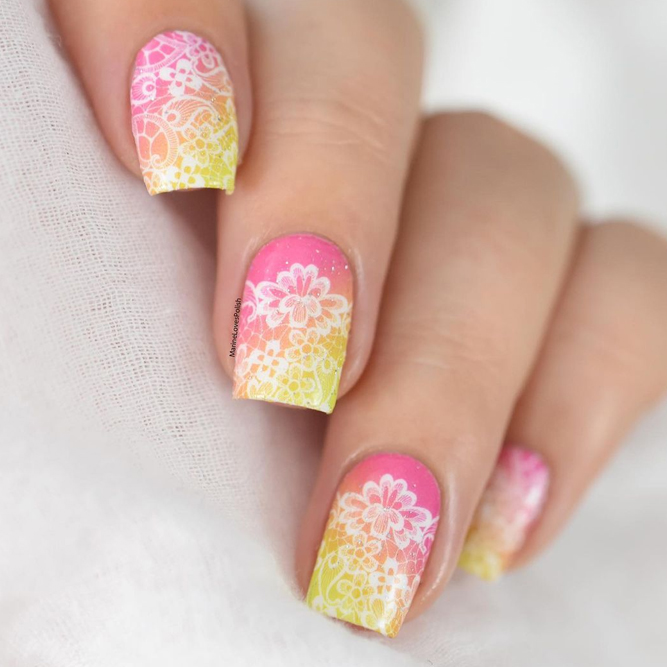 Pink and Yellow Ombre Manicure with Stamping